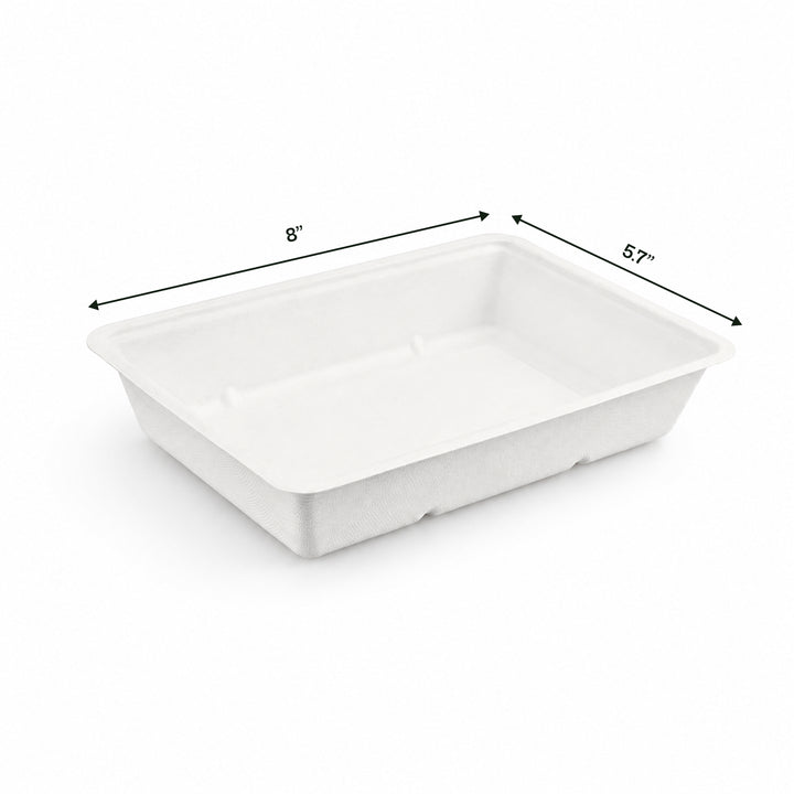 8" x 5.7" White Bagasse Food Tray (1 x 500)