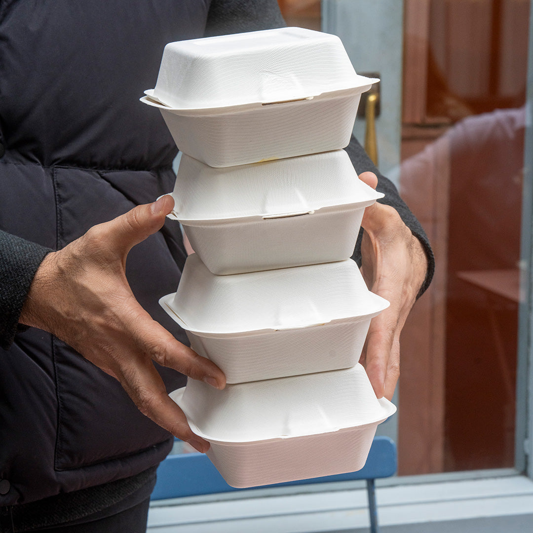 6" x 6" White Bagasse Clamshell Box (1 x 500)