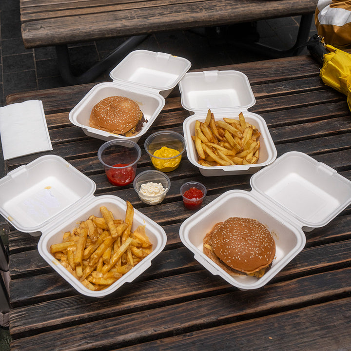 9" x 9" White Bagasse Clamshell Box (1 x 250)