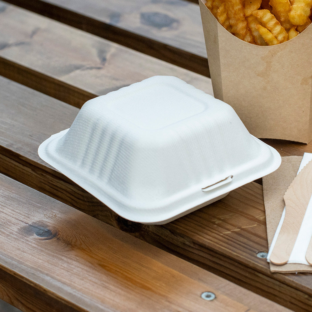 6 x 6 inch white bagasse clamshell food box – open view