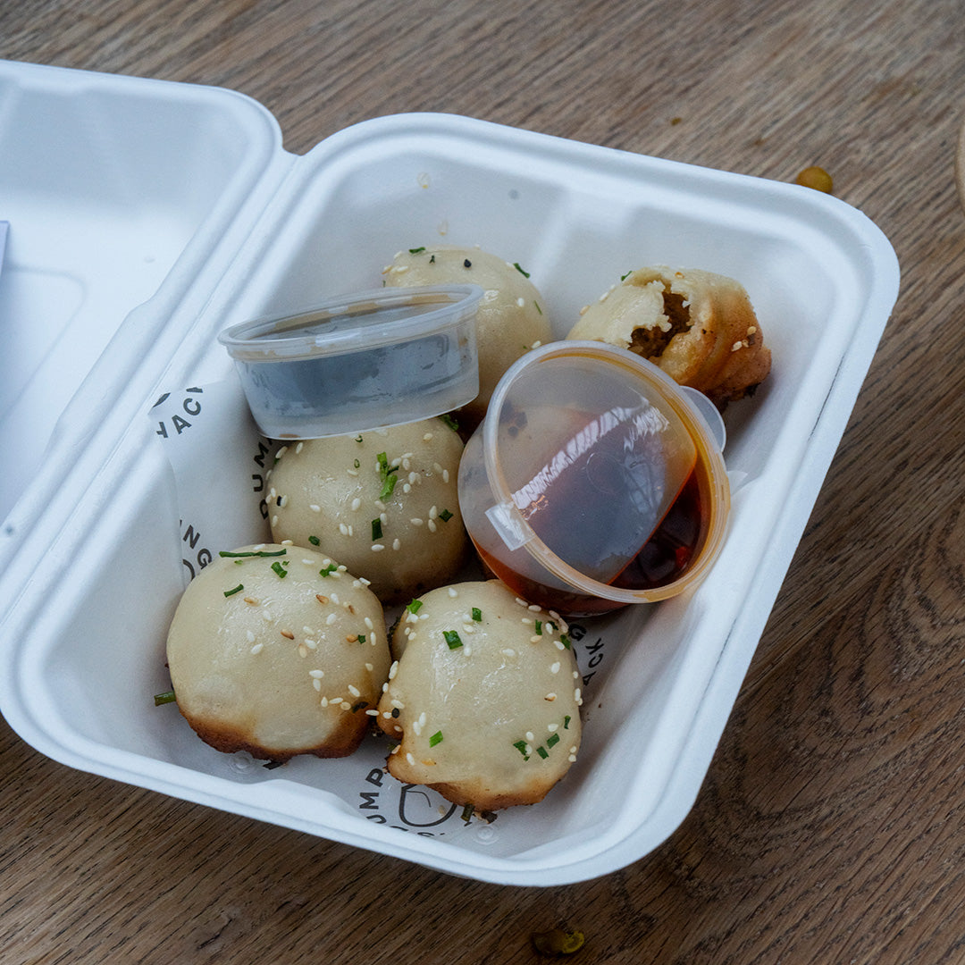 9 x 6 inch white bagasse clamshell food box – open view