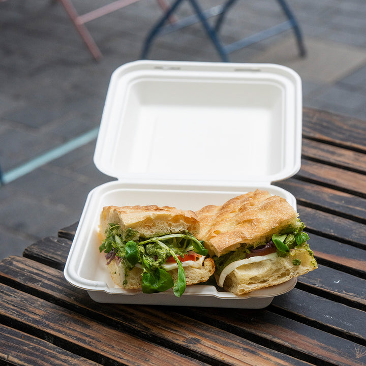 9" x 9" White Bagasse Clamshell Box (1 x 250)