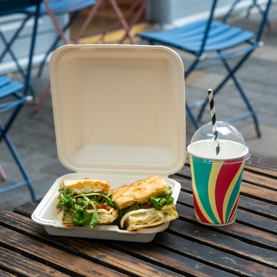 8 x 8 inch white bagasse takeaway box – open view